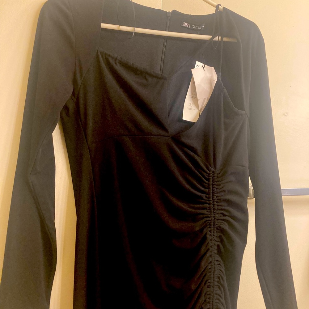 Zara, long , or rushed, black , nite out dress